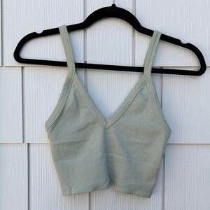 Ribbed V-Neck Crop Sports Bra in Sage Green